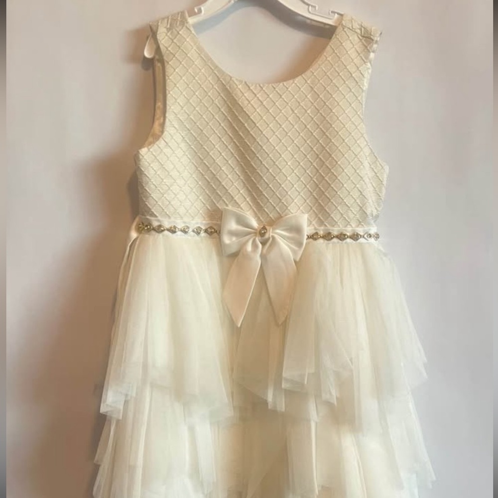 AMERICAN PRINCESS GIRLS IVORY GOLD TULE RHINESTONES BOW PARTY DRESS SIZE 6 - Picture 2 of 13